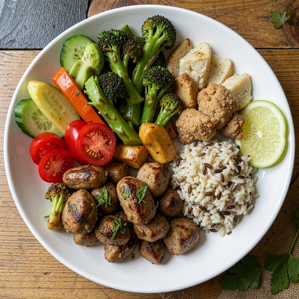 Balanced meal plate with vegetables, proteins, and whole grains